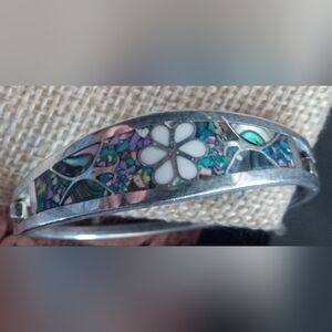 VTG Signed Taxco Alpaca Silver Inlay Childs Bracelet Hinged Abalone Inlay Floral
